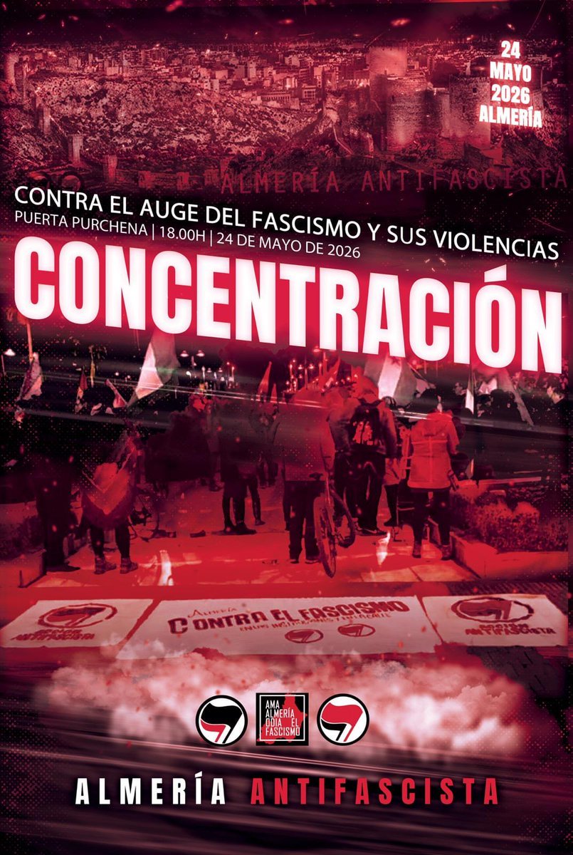 AlmeriaAntifa's tweet photo. El próximo 24 de mayo salimos a la calle contra el auge del fascismo y sus violencias. Será a las 18:00h en Puerta Purchena.

Contra el enemigo nos llama el deber ✊️

#AlmeríaAntifascista https://t.co/q7nLxJIjF2