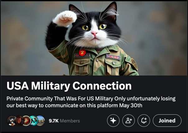 JayJosephVet's tweet photo. @PeteHegseth Please keep the communities section going on this platform so active duty military and veterans do not lose our best way to communicate on this platform @elonmusk @realDonaldTrump most dont like DM's and going from 9.7k to 350 accounts does not cut it! Thank you https://t.co/TzWT4X4F2B