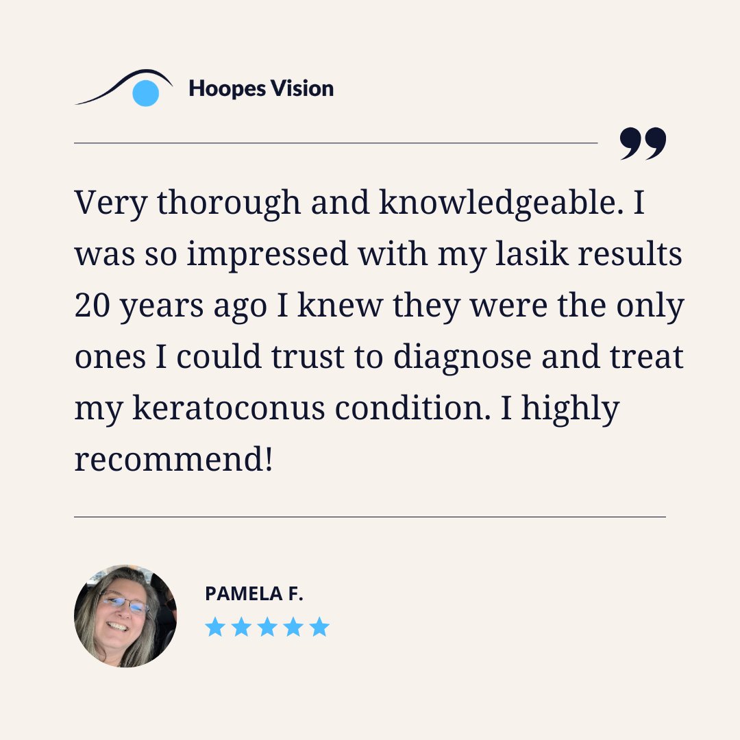 hoopesvision's tweet photo. Trusted by patients for decades, just like Pamela, who came back to Hoopes Vision 20 years later for her keratoconus care.

With advanced diagnostics and Epioxa® cross-linking, we focus on stabilizing your vision for the long term.

Learn more: https://t.co/tnp3mxSATQ

#Keratoconus #EyeHealth #VisionCare #CrossLinking #HoopesVision