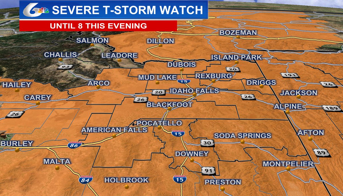 DougIWeatherGuy's tweet photo. @KPVI Storm Tracker Alert...SEVERE THUNDERSTORM WATCH has been issued for all of E. Idaho &amp; W. Wyoming.

⏰ Until 8pm Wednesday.

⚠️ More severe thunderstorms capable of damaging winds are possible for the next several hours.

#pocatello #idahofalls #jacksonhole #Idaho https://t.co/iw5kjePhHp