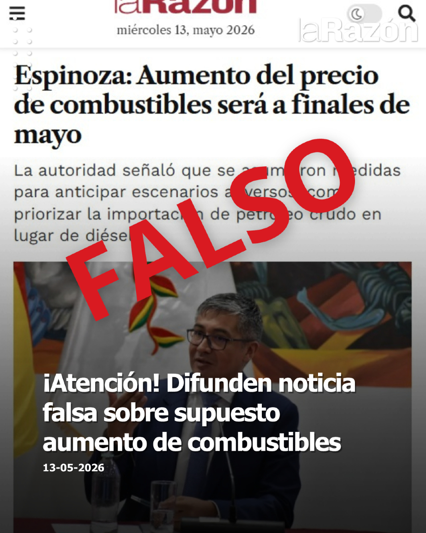 LaRazon_Bolivia's tweet photo. 🚨#NoticiaFalsa | En redes sociales circula una imagen con el logotipo de La Razón que atribuye al ministro de Economía, José Gabriel Espinoza, una supuesta afirmación sobre un incremento en el precio de los combustibles a finales de mayo. Sin embargo, el contenido es falso, corresponde a una imagen manipulada y no fue publicada en ninguna de nuestras páginas oficiales.
https://t.co/pbIr8S4BFE
#LaRazónPlus #LaRazónDigital #Bolivia #InformaciónFalsa #FakeNews