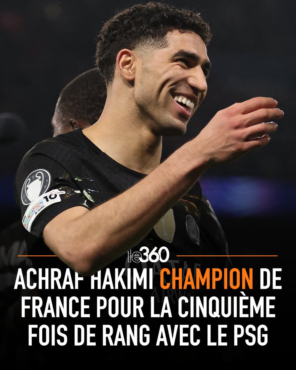 Le360fr's tweet photo. 🇲🇦🇫🇷 Achraf Hakimi a remporté un cinquième titre consécutif de champion de France, ce mercredi, après la victoire du PSG face au RC Lens (2-0).

Le club de la capitale française décroche ainsi un 14e titre historique.

→ https://t.co/EWFXl3aiTT https://t.co/ZoozDwmZdk