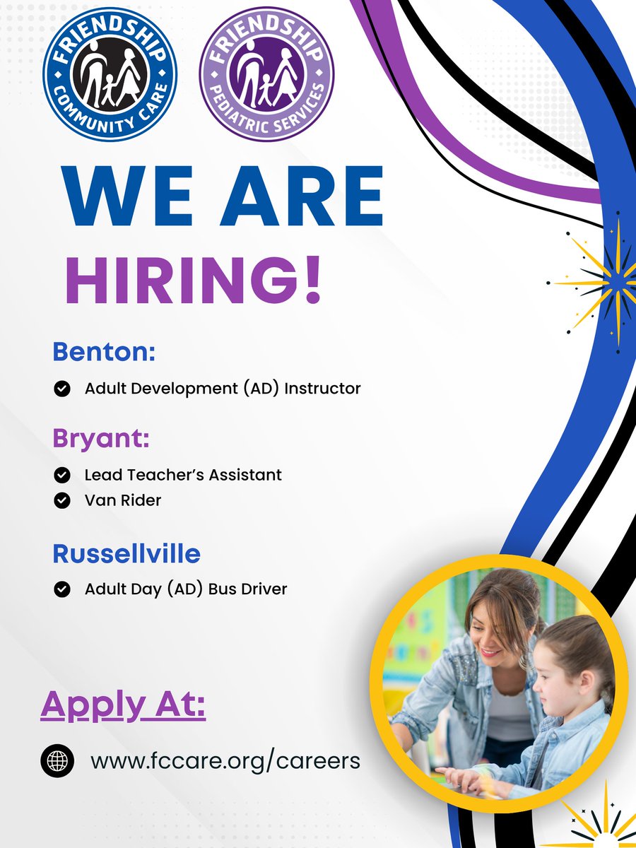 fccare's tweet photo. We Are Hiring! Friendship Community Care has exciting opportunities available now!
Start Today!  https://t.co/dfsf9krFkb
#FCC #friendship #DSP #directsupportprofessional #russellvillearkansas #adinstructor #ArkansasJobs #Arkansas #NowHiring #openpositions #teacherassistant https://t.co/zIUdpb1BTW