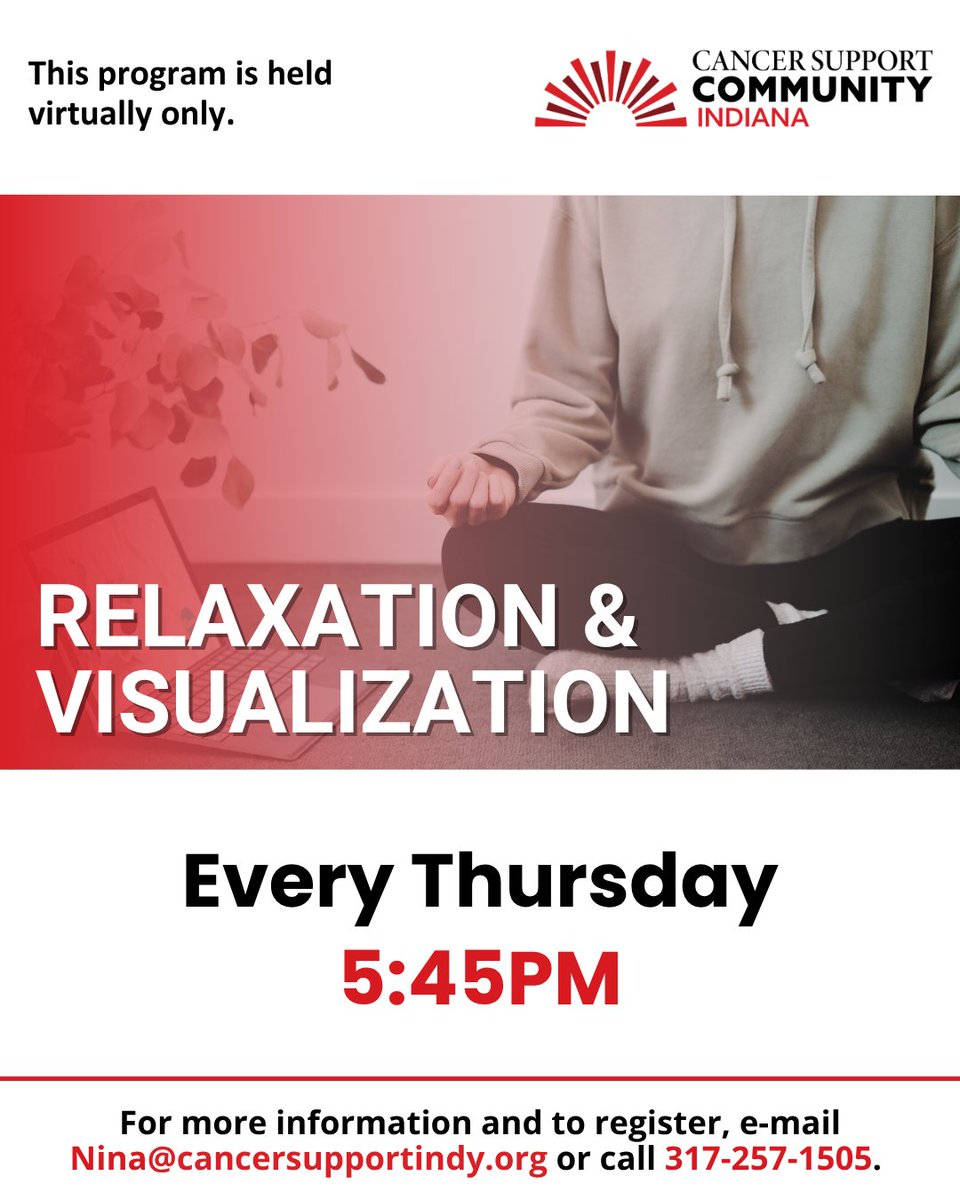 IndyCSC's tweet photo. Visualization, also called guided imagery, is a mind-body, complementary technique that has been show to reduce anxiety and stress; help control pain; enhance feelings of empowerment; &amp; provide better sleep.

Join us on Thursday's online @ 5:45 PM
RSVP: nina@cancersupportindy.org https://t.co/Pj4QDDQQek