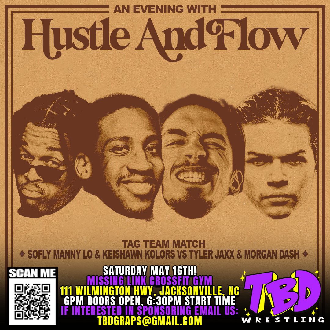 TBDGraps's tweet photo. 🚨 MATCH ANNOUNCEMENT! 🚨

This Saturday, May 16th, we'll see a so fly debut to the TBD landscape!

@soflymannylo has quickly become one of North Carolina's top stars, without any doubt about it. He's finally found his way to TBD Wrestling, in the form of a BIG tag team matchup where he'll be teaming alongside the always energetic and fun Keishawn Kolors! Keishawn is still searching for his first win inside of a TBD ring. Will this new team be the vehicle to get there?

Meanwhile, they'll be stepping into the ring with two of the TBDeities' favorites! @Jaxx_Wrestling & @Morgan_Dash2005 brought the absolute fight to The Old Guard at We Gotta Feeling, but ultimately came up short on their quest to win with their newly formed team. Will they be able to put all the pieces together this Saturday?!

TBD Wrestling Presents:
An Evening With Hustle And Flow
Saturday, May 16th, 2026!
Jacksonville, North Carolina
Tickets On Sale Now!: Link In Bio!