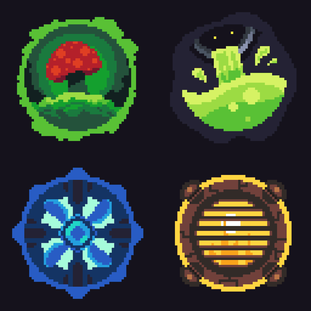 PatosoD97227's tweet photo. 4 worlds. 4 fates. 🍄🌙💠🔥

#RotCore #indiegame #gamedev #indiedev #pixelart #indiegamedev #godot https://t.co/MbA6wlvio4
