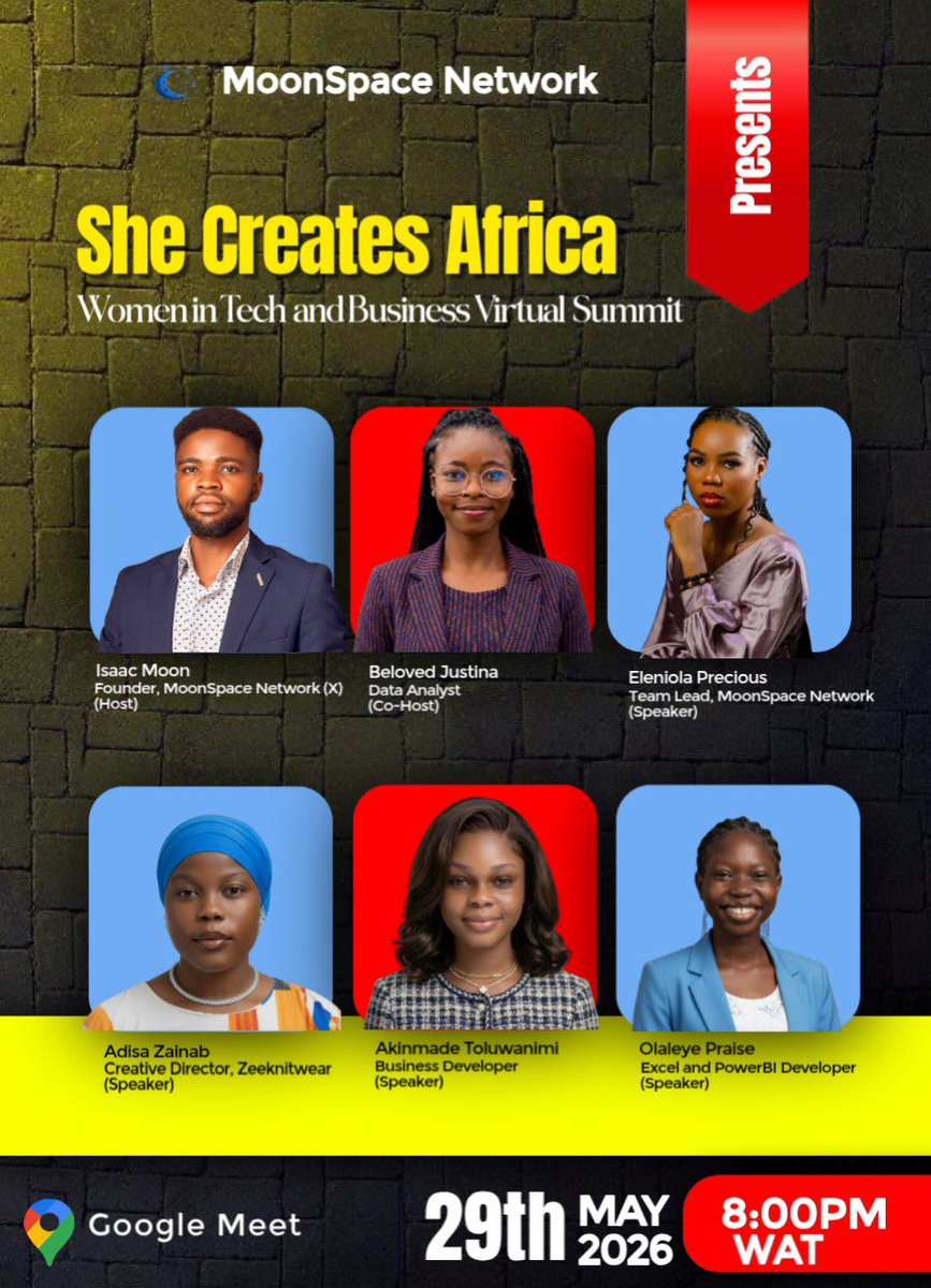 MoonSpace_Net's tweet photo. She Creates Africa: Women in Tech and Business Summit

If you’re a woman trying to break into tech, grow your business, or just figure out the whole “make money online” thing…this one’s for you!

Register here 👇
https://t.co/JLDQ4Ur3rg
Don’t sleep on it! Spots go fast https://t.co/jORi0NJ5JX