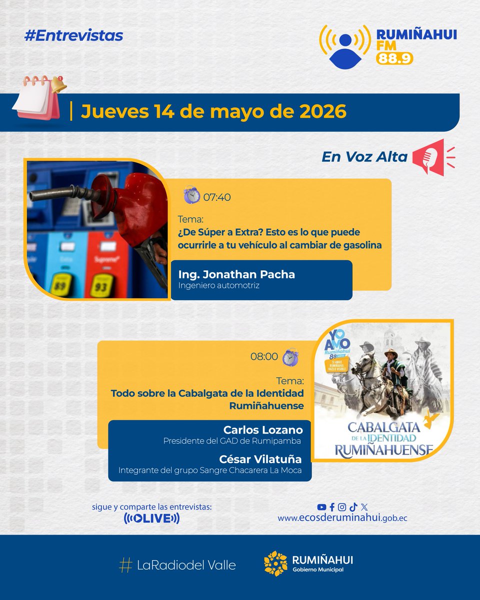 RuminahuiFM's tweet photo. 🎙️ ¡En Voz Alta por Rumiñahui FM 88.9!

🗓️ Jueves 14 de mayo

⛽️ 07:40 | ¿De Súper a Extra? Lo que puede pasarle a tu vehículo al cambiar de gasolina, con el Ing. Jonathan Pacha.

🐴 08:00 | Cabalgata de la Identidad Rumiñahuense con Carlos Lozano y César Vilatuña. https://t.co/V77ZA9Yhwx