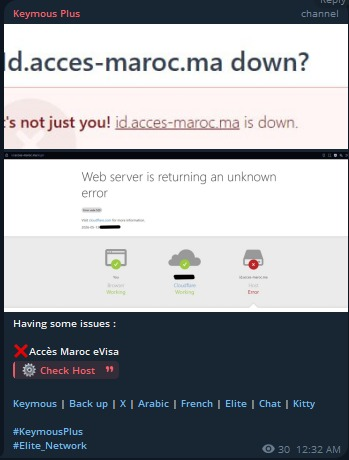 FalconFeedsio's tweet photo. 🚨DDoS Alert: 🇲🇦

Keymous Plus claims to have targeted the website of Official Morocco eVisa platform (https://t.co/KkUqfu21y9) https://t.co/rrvLzXbGwR