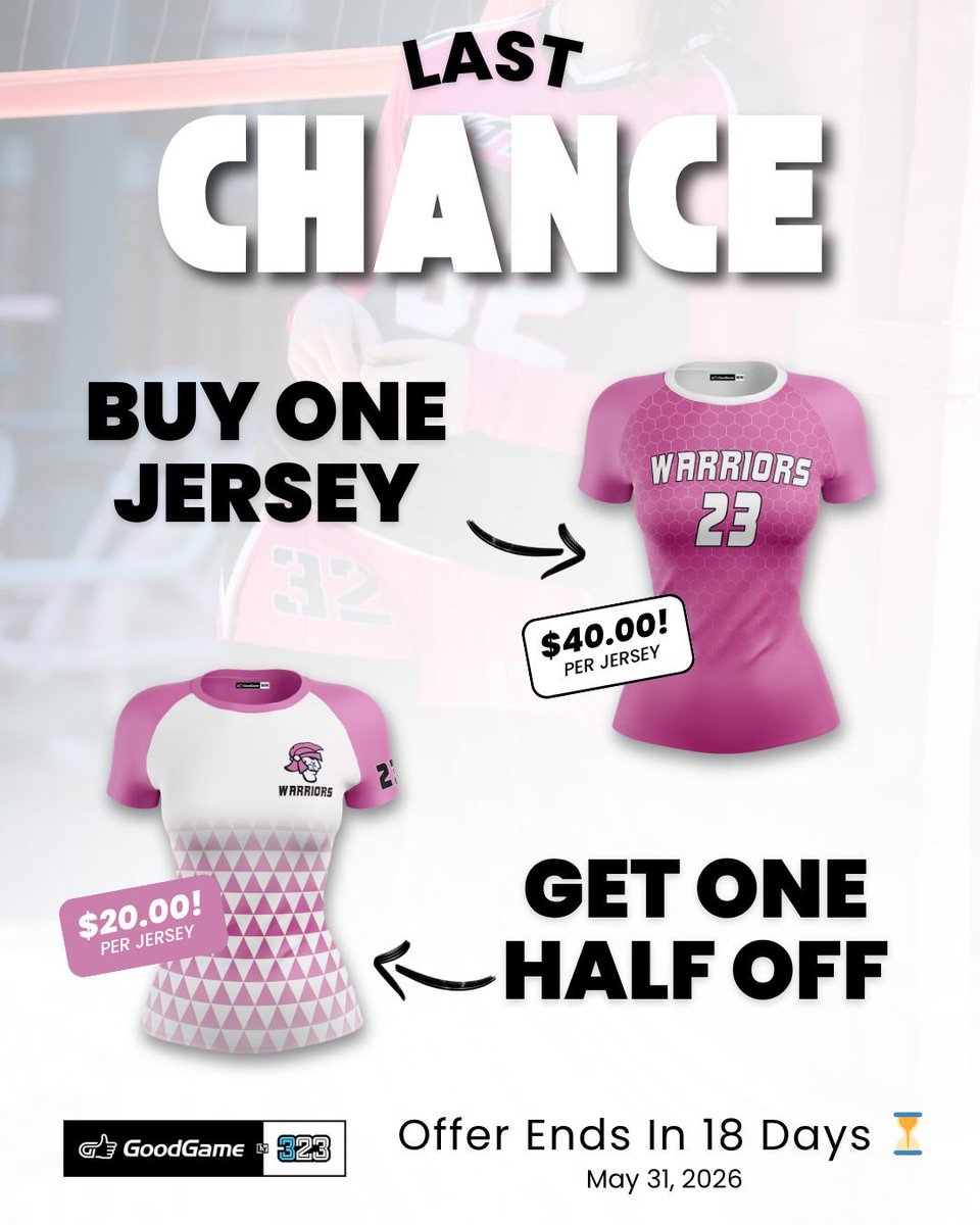 323sports's tweet photo. 🏐 𝐂𝐨𝐚𝐜𝐡𝐞𝐬: You're running out of time to get two Good Game Jerseys for only $60! 

These uniforms are durable, fully customizable, and ready for the busy summer circuit! 

Learn more &amp; reach out today for a quote: https://t.co/bUhuooH4Ei https://t.co/nFu0xVnWMC
