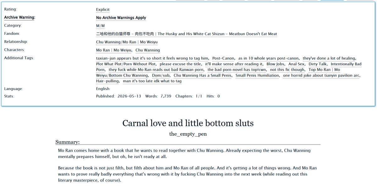 powwidgesan's tweet photo. Carnal love and little bottom sluts (. sorry about that title.)
Ranwan, 7.7k, E

sighs. here it is, that ranwan fic where mo ran reads out horrid ooc ranwan porn to chu wanning while fucking him. i hope everyone is happy.

#2ha #ranwan https://t.co/JUxKCLPvtO