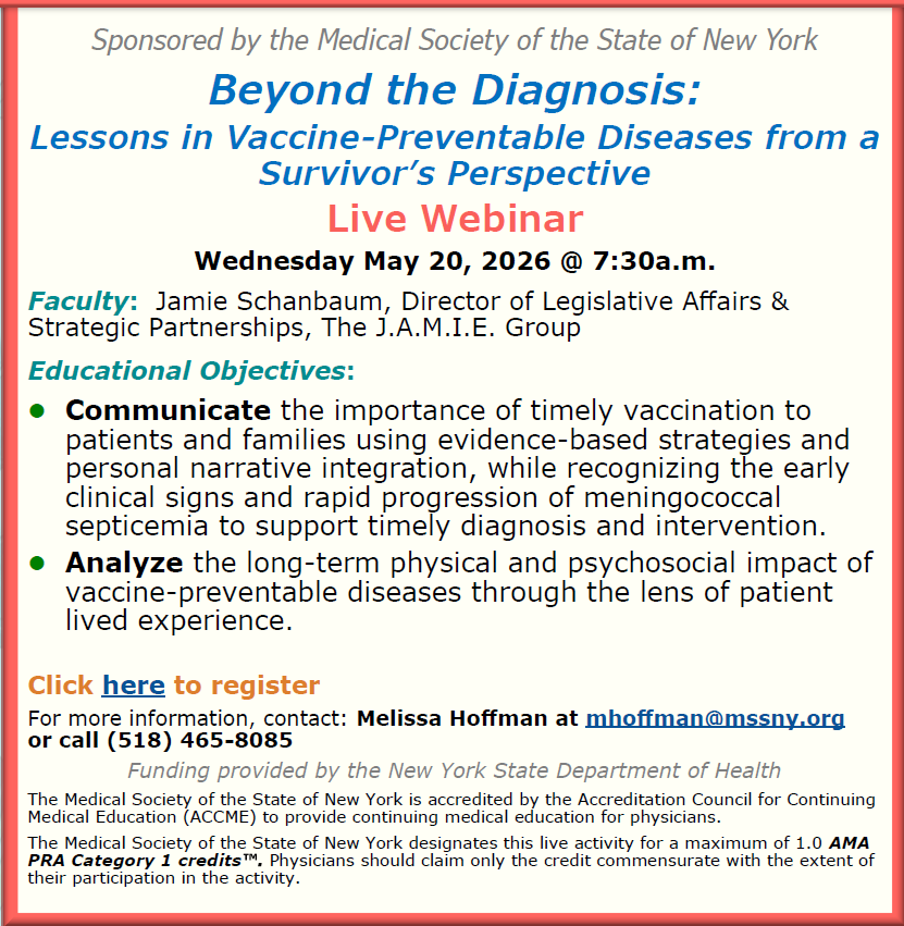 MedSocietyNYS's tweet photo. 🔔 Registration is now open for "Medical Matters: Beyond the Diagnosis" on May 20! Join Jamie Schanbaum, meningitis survivor &amp; Paralympic champ, to explore the critical role of vaccines. Don't miss out—register today! https://t.co/5a469HyDMj 💉 #VaccineAwareness #Webinar https://t.co/j5KJ0jqwg3