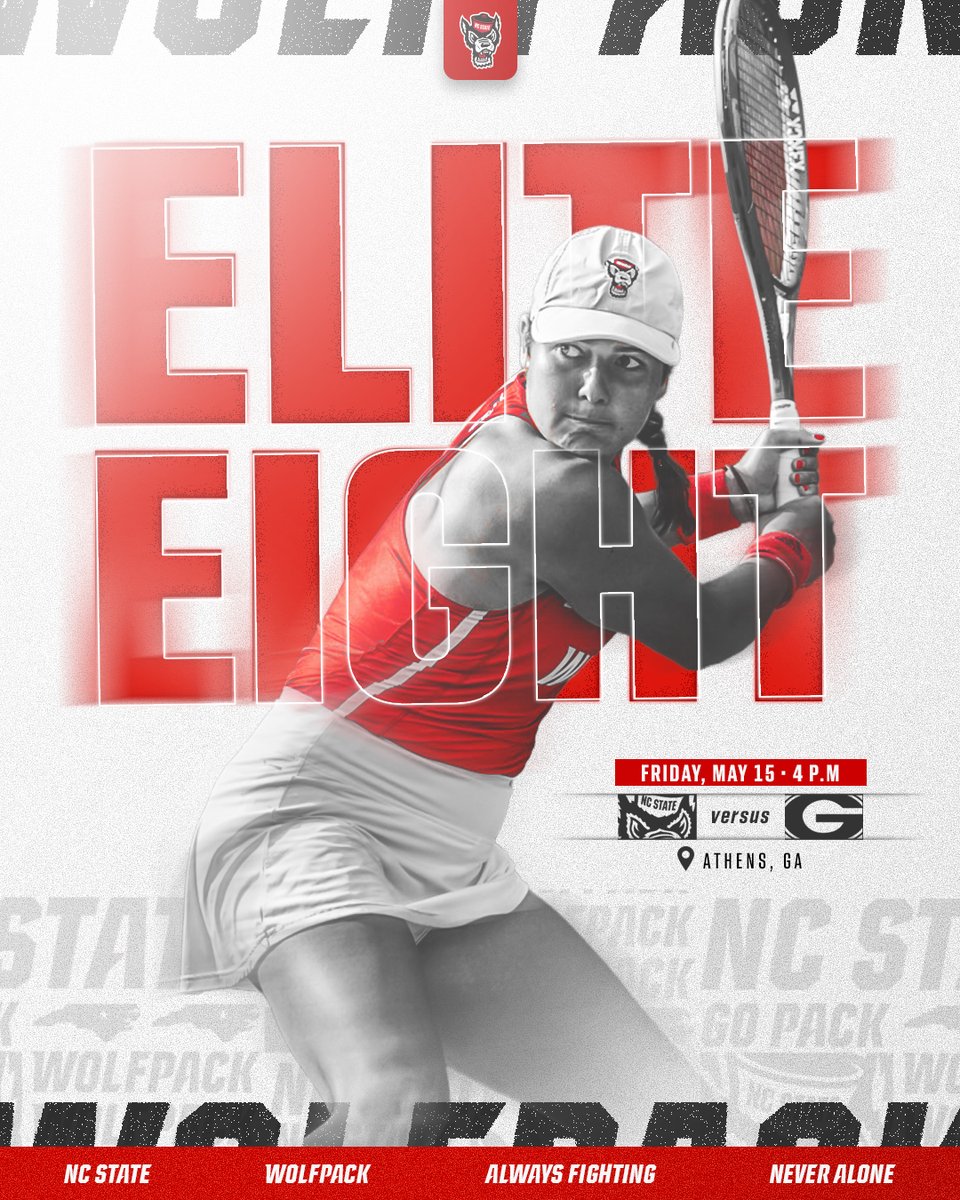 PackWTennis's tweet photo. ELITE EIGHT MATCH DAY

🆚 (1) Georgia
⏰ 4 p.m.
📍 Athens, Ga.
📺 Watch: ESPN+
📊 Live Stats: https://t.co/sFSeLGLJjr https://t.co/KqlEYBMqzY