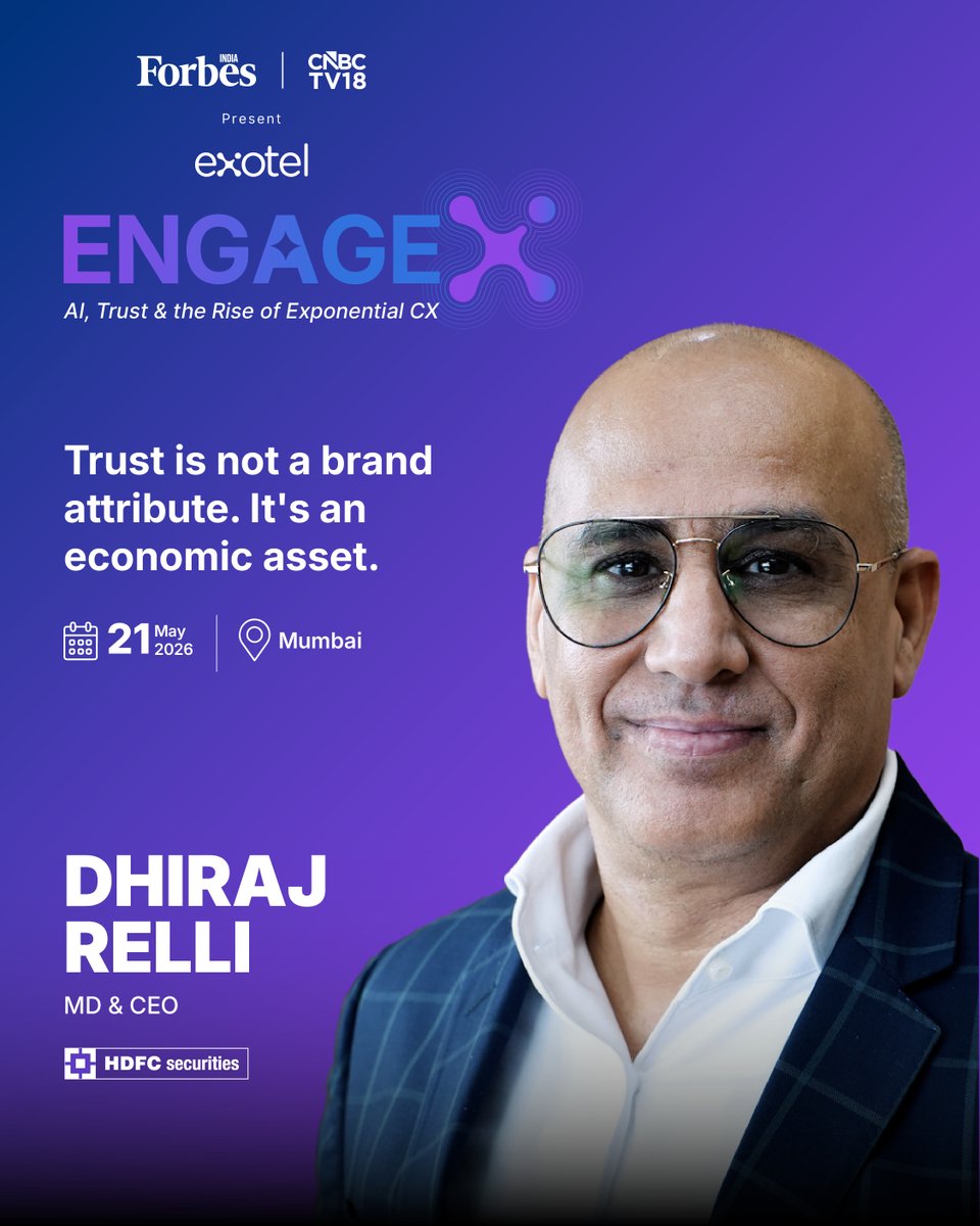 Exotel's tweet photo. In financial services, trust isn't a value. It's the product.

Every interaction a customer has with their broker is either building that trust or quietly eroding it.

Dhiraj Relli, MD & CEO of HDFC securities, joins us at EngageX 2026 with a front-row perspective on how one of India's leading broking firms is turning trust into a measurable business asset.

21 May | Mumbai | Forbes India & CNBC-TV18 in association with Exotel 

👉 https://t.co/EbdN6GOKlA

#EngageX2026 #DhirajRelli #HDFCSecurities #CustomerExperience #BFSI #Exotel