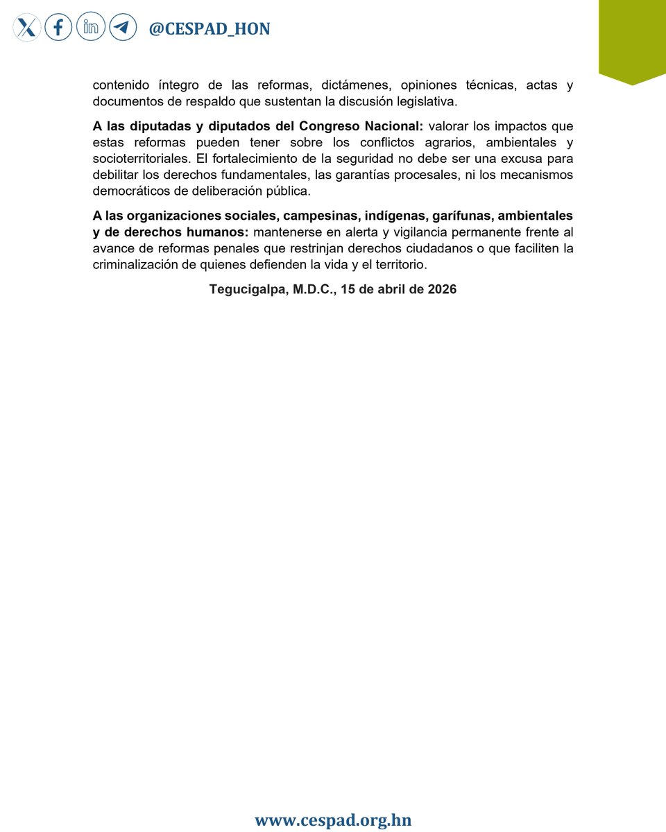 CESPAD_HONDURAS's tweet photo. ALERTA | Reformas penales a puerta cerrada

CESPAD alerta sobre reformas al Código Penal y Procesal Penal que podrían discutirse sin transparencia. El endurecimiento de penas por usurpación amenaza con criminalizar la protesta social, la defensa territorial y las luchas agrarias. https://t.co/xrYR2F3aQH