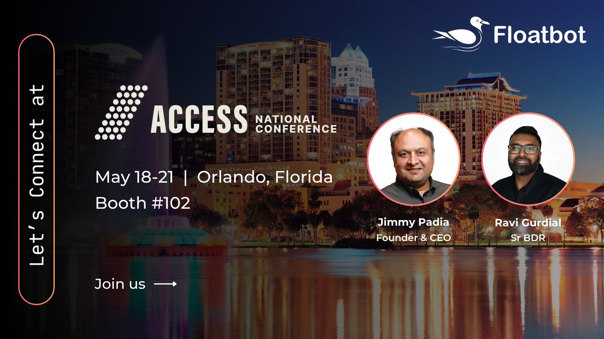 jimmy7padia's tweet photo. ✈ If you're headed to #ACCESSNationalConference next week, visit Booth #102 to meet the @floatbot team!

🔗 Let's Connect 👉 https://t.co/f0jvbsc9PC

#SeeYouInOrlando🌴

#Floatbot #Access2026 #ContactCenterAutomation #Altimeter #ContractorNetworking #TPA #Insurtech #CX #AI4CX https://t.co/aLchaPodnm