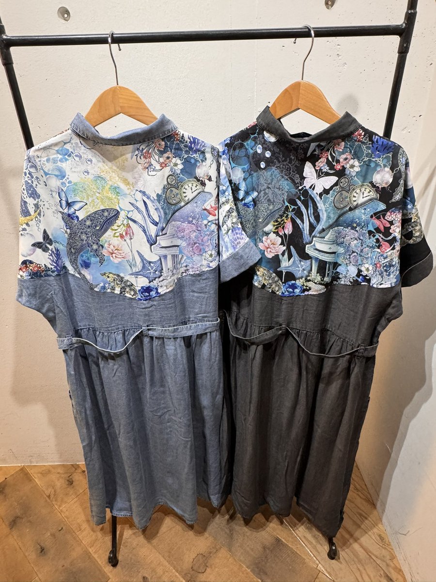 iS ScoLar】 ベルト付き クジラ柄 テンセルデニム シャツワンピース