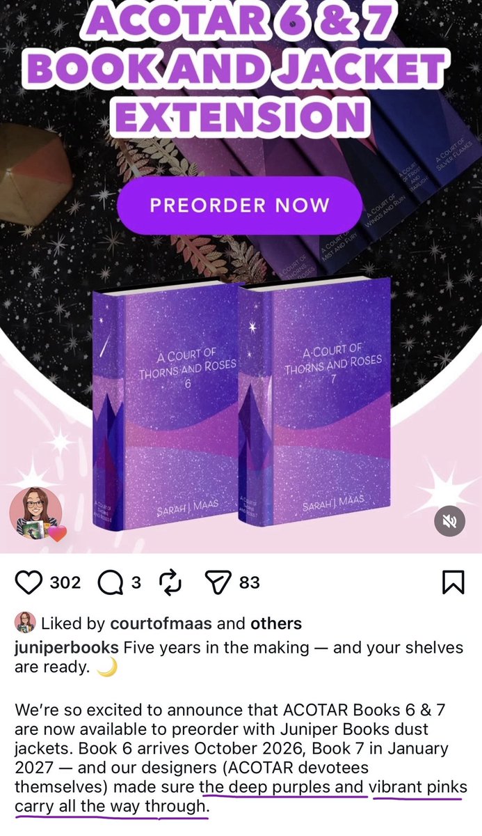 evaelains's tweet photo. “Book 6 arrives October 2026, Book 7 
in January 2027 - and our designers 
(ACOTAR devotees themselves) made 
sure the deep purples and vibrant pinks
carry all the way through.” 💜✨✨ https://t.co/mpbg57Eny3