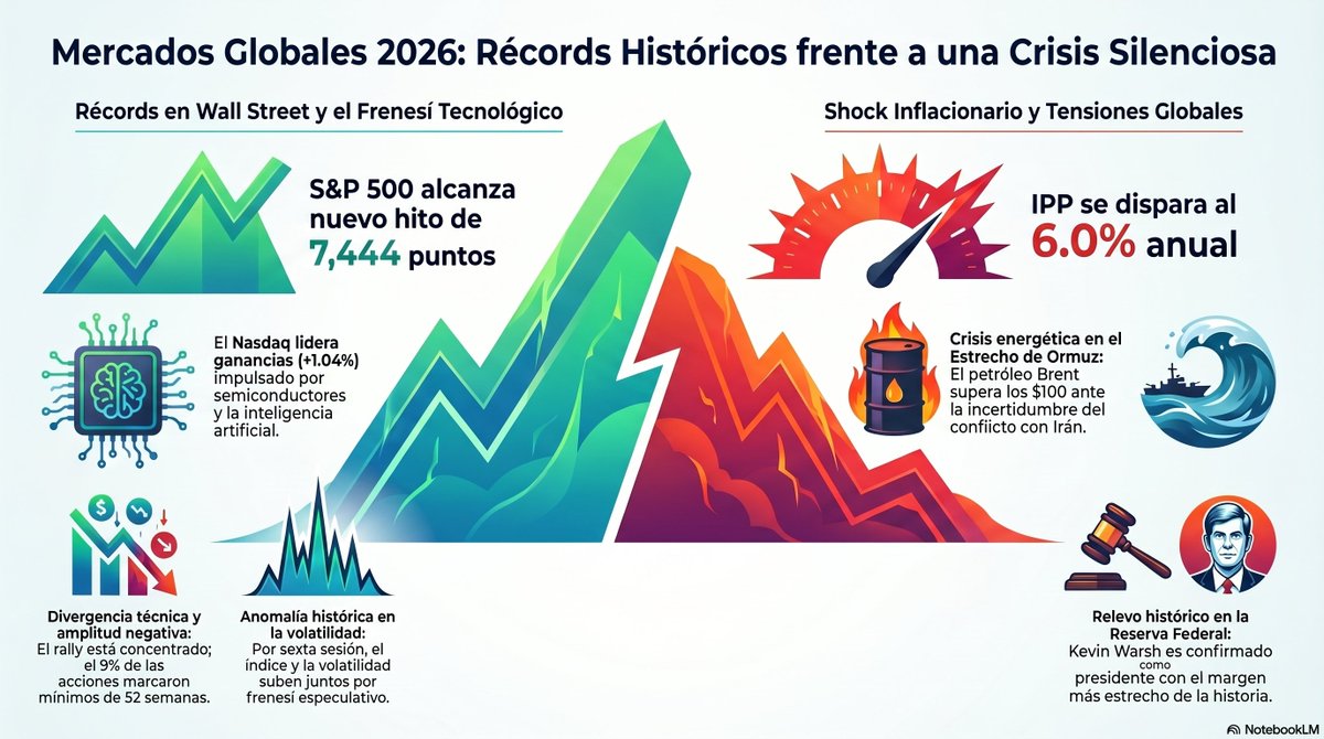 ArgcolC's tweet photo. ¡RÉCORD HISTÓRICO 13/05/2026! 🚀 S&amp;P y Nasdaq vuelan, pero el IPP al 6% alarma ⚠️ Anomalía total: ¡Bolsa y volatilidad suben juntas! 📈 ¿Euforia o riesgo?
✍️ https://t.co/wBksA7BMzV https://t.co/ADzfnTtxfH
