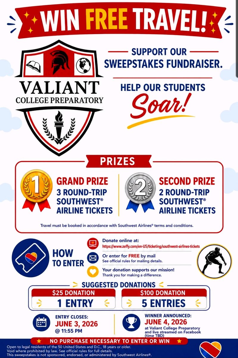 ValiantPrep's tweet photo. Support our Sweepstakes Fundraiser and win free travel from @SouthwestAir !

https://t.co/lBicW82nNG https://t.co/gryvYXOwmq