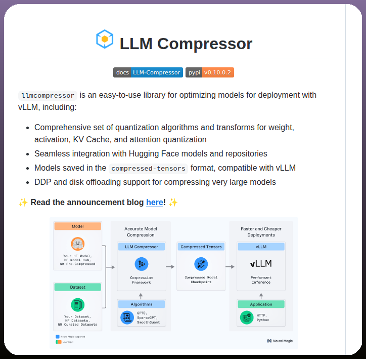 tom_doerr's tweet photo. Compresses large language models for efficient vLLM deployment

https://t.co/jjiVDv7oMX https://t.co/KWDPpy9pB5