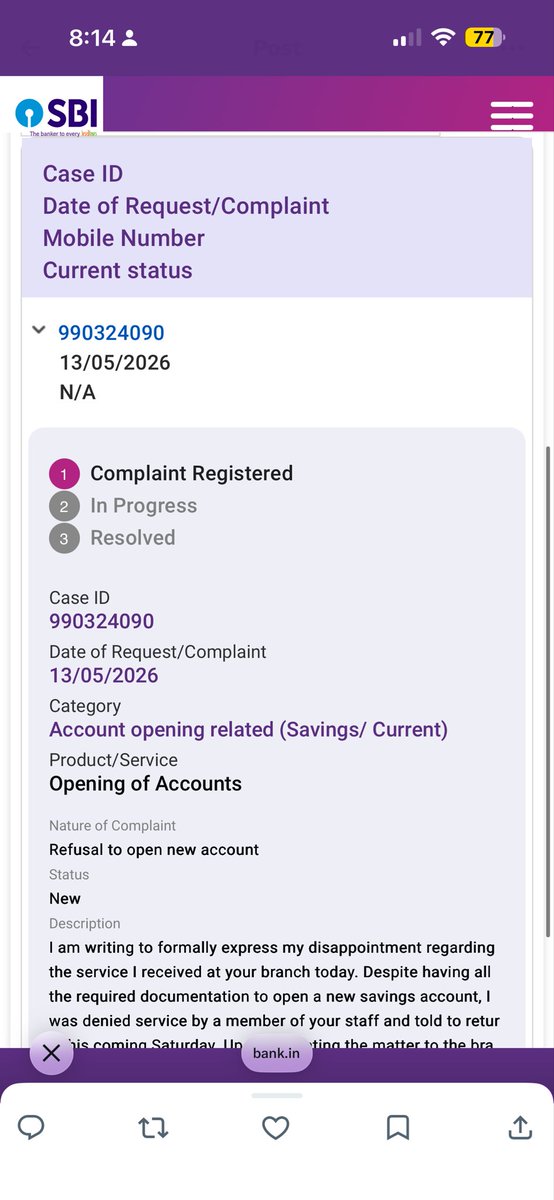 pratap_ju's tweet photo. @OfficialSBICare Complain registered expecting a prompt response. https://t.co/nxNQTaVGYL