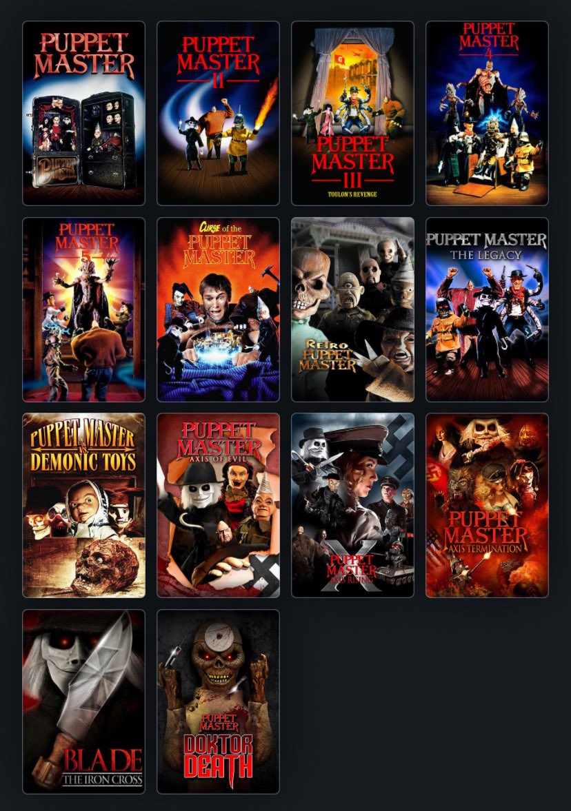 NatBrehmer's tweet photo. In case anyone needs a visual aid as to how batshit this is: on the left we have the PUPPET MASTER movies in order of release. On the right, we have PUPPET MASTER movies in chronological order. https://t.co/YDllkwXVnL