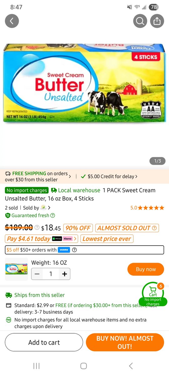 starchild426's tweet photo. Everything is going to be ok guys. Can now get Walmart butter off Temu. It's normally $190 which is fantastic news on inflation.... https://t.co/cqW36BBaTV