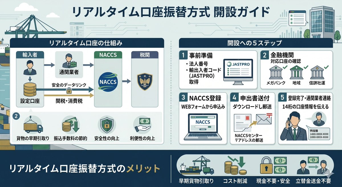 acj2002_co_jp's tweet photo. リアルタイム口座の開設には「法人番号」または「輸出入者コード（JASTPROコード）」が必要です。
個人事業主の方でも、事前にコードを取得すれば対応金融機関で口座開設が可能です。
各種手続きの流れはブログで詳細に解説しています。

https://t.co/li1ZtQKbud 

#輸入ビジネス #リアルタイム口座 https://t.co/w4ha6tqSXq