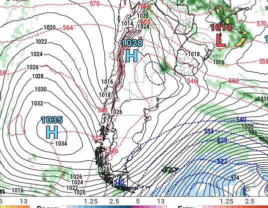 ofimet's tweet photo. 🇦🇷 🥶🤔
Bueno bueno, anticiclón de bloqueo se insinúa ya en el Pacífico Sur (mapas del viernes al lunes c/24h), clásica posición de "ola de frío" en invierno, pero recién estamos en mayo, así que podría ser algo del tipo "frío de invierno" pero sin ola polar. Duraría 7-10 días. https://t.co/nbBrjOVf7r