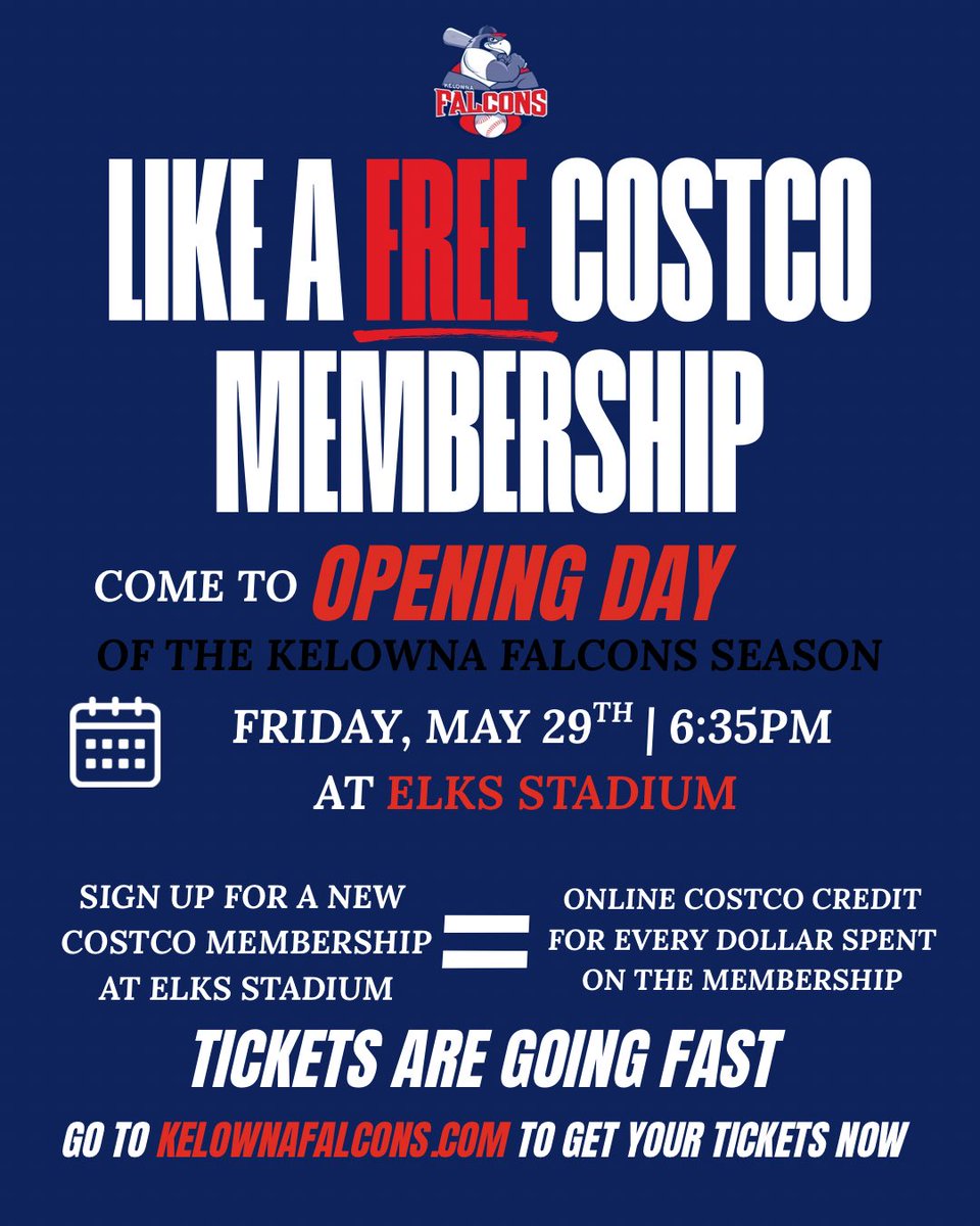 kelownafalcons's tweet photo. Opening Day just got even better.

Join us Friday, May 29th at 6:35 PM at Elk Stadium for the home opener of the Kelowna Falcons season!

Sign up for a NEW Costco membership at the game and receive a dollar-for-dollar online Costco credit matching the cost of your membership 💥 https://t.co/soBBD3evtW