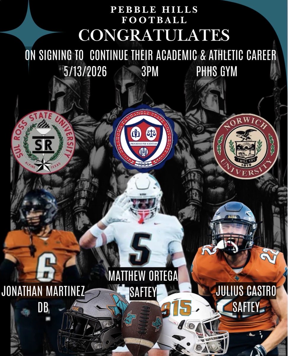 PebbleHHS_FB's tweet photo. Huge Congratulations goes out to these gentlemen & all the other Spartan athletes signing today! We’re beyond proud of you! Thank you for all of your sacrifices, leadership given, & the legacy you’re leaving behind! Go out & conquer the world!  @jonnathan5_ @2026Mattortega @julius_castro22 🫡