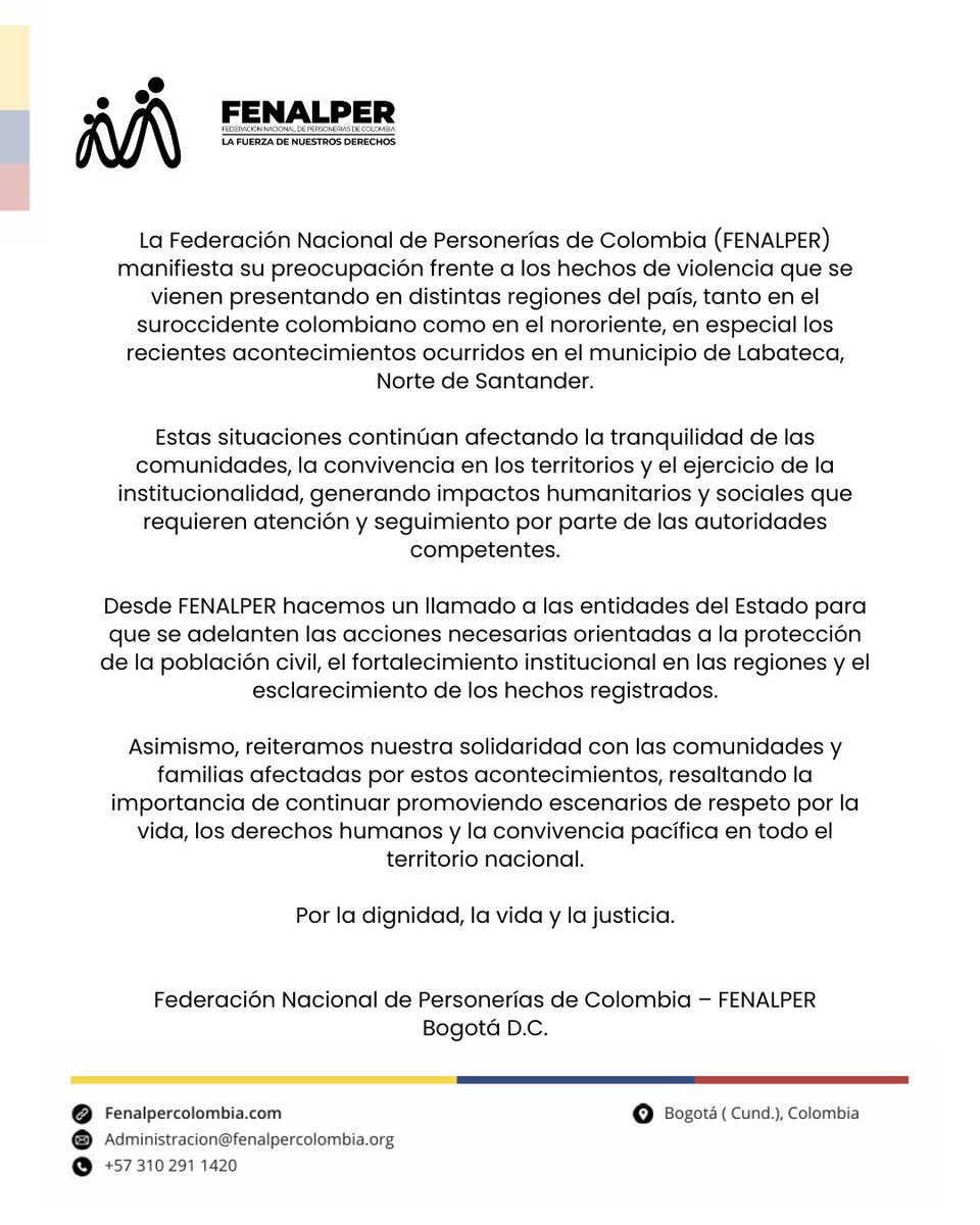 FenalperCo's tweet photo. La defensa de la vida, la convivencia y las garantías para las comunidades debe seguir siendo prioridad en todos los territorios.
Desde FENALPER reiteramos la importancia del fortalecimiento institucional y la protección de los derechos humanos. https://t.co/k6ZD1303ic