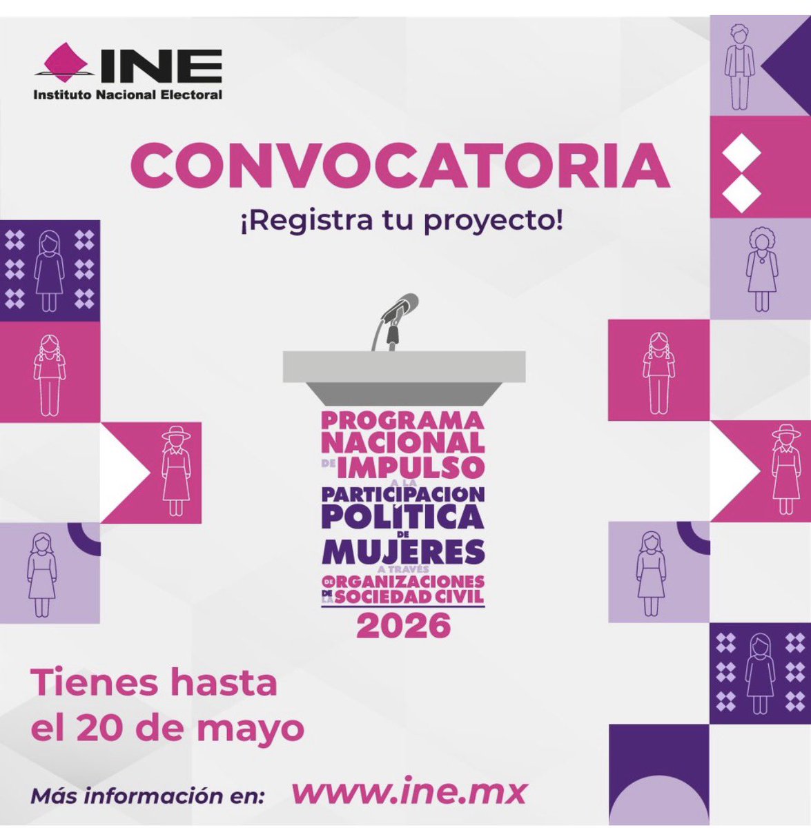 C_Humphrey_J's tweet photo. 📢Si formas parte de una Organización de la Sociedad Civil y les interesa promover la #igualdadsustantiva, participen en la #ConvocatoriaAbierta al #ProgramaNacional de Impulso a la #ParticipaciónPolíticadeMujeres 2026 que organiza el @INEMexico.
Tienen hasta el 20/mayo para registrar sus proyectos.
Consulta:📍 https://t.co/Z38EvUZX0j
¡No esperen más!
#CiudadaníaActiva
#PNIPPM
#OSC