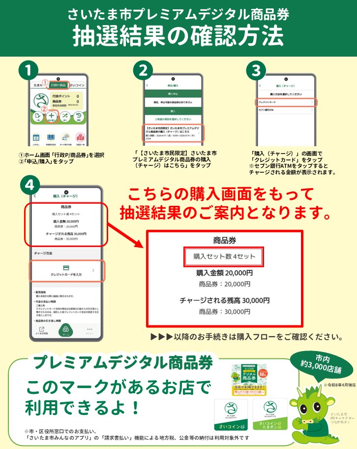 saitama_minna's tweet photo. ⌛ 購入期限が近づいております
＼さいたま市プレミアムデジタル商品券／
﹏﹏﹏﹏﹏﹏﹏﹏﹏﹏﹏﹏﹏﹏﹏﹏
🔔購入期間　本日最終日！！
﹋﹋﹋﹋﹋﹋﹋﹋﹋﹋﹋﹋﹋﹋﹋﹋
本日中に購入手続きが完了していない場合、
購入が出来なくなります。

期限後の対応はできかねますので、
未購入の方は速やかにお手続きください。

📅購入期限：5月14日（木）まで
※購入対象は、申込期間中にお申し込みされた方のみです。
ーーーーーーーーーーーーーーーーーーーーーー
📌 購入できるセット数（＝抽選結果）の確認方法
以下の手順で、アプリからすぐに確認できます。
① アプリホーム画面「行政P／商品券」→「申込／購入」をタップ
②「【さいたま市民限定】
さいたま市プレミアムデジタル商品券の購入（チャージ）はこちら」
をタップ
③ 「購入（チャージ）」画面で「クレジットカード」をタップ
④ 「購入セット数」表示＝抽選結果
※この画面が、抽選結果のご案内となります。
ーーーーーーーーーーーーーーーーーーーーーー

デジタル商品券の購入は、
以下の方法でお支払いいただけます👛

ーー デジタル商品券 お支払い方法 ーー
①各種クレジットカード（Visa、Mastercard、JCB）
②セブン銀行ATM
③市内郵便局窓口
ーーーーーーーーーーーーーーーーーー
⚠️口座振替や「さいコイン」「たまポン」での
お支払いはできませんのでご注意ください。

👇▶ 購入・利用方法はこちら
https://t.co/dlHBlqikRs

#さいたま市プレミアムデジタル商品券
#購入期限間近
#申し込み済みの方へ
#さいた���市みんなのアプリ
#さいたま市
