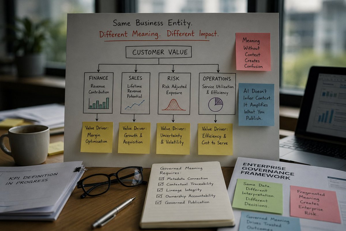 MustafaQiz's tweet photo. Most enterprise AI failures are not model failures. They begin when the same KPI means different things across Finance, Risk, Sales, and Operations. AI simply operationalizes the inconsistency faster than humans can reconcile it. #DataStrategy #AILeadership #CDO https://t.co/yOE5HmDyNV