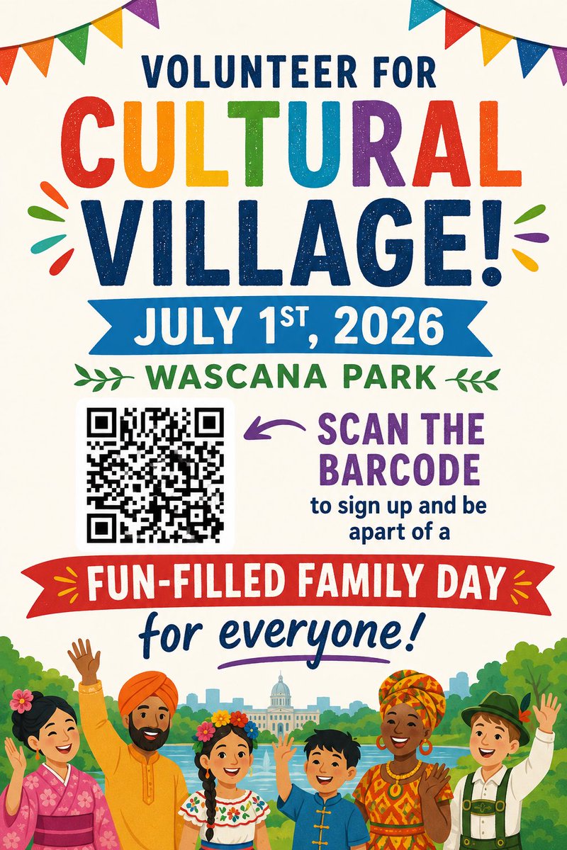 SACHMSK's tweet photo. SACHM is calling ALL volunteers for Cultural Village in Wascana Park, July 1st, 2026! Scan the QR code and join us for a truly meaningful and fun-filled celebration! #sachmsk https://t.co/JeSUInCRLj