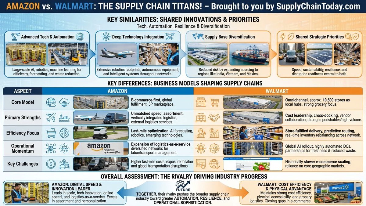 LogisticsStuff's tweet photo. Amazon vs. Walmart: A Deep Dive into the World’s Most Powerful Supply Chains. #AmazonSupplyChain #WalmartSupplyChain  #RetailLogistics #WalmartVsAmazon #RetailSupplyChain Further Details:  https://t.co/Un9AkACEuz https://t.co/JISbvmiWkR