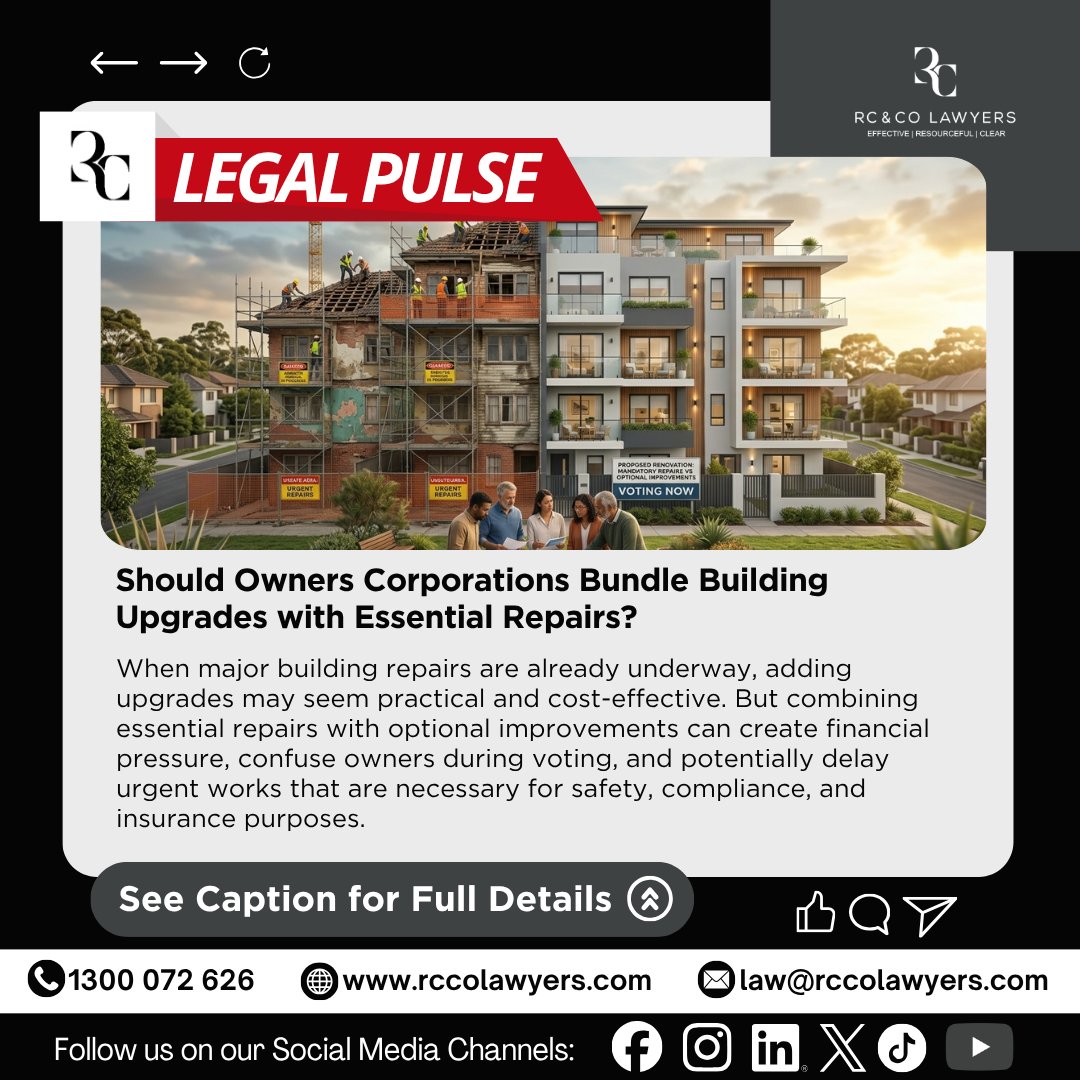 rcco_law's tweet photo. RCCO Legal Pulse:
Should Owners Corporations Bundle Building Upgrades with Essential Repairs?
Understand the difference between mandatory maintenance and optional improvements before putting motions to a vote.
#StrataManagement #OwnersCorporation #BuildingRepairs https://t.co/kdyqLy8jVN