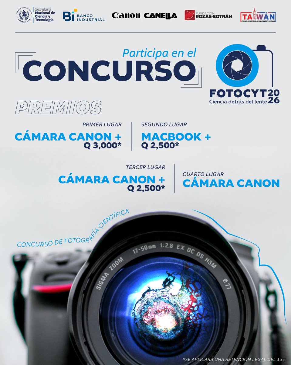 senacytgt's tweet photo. ¡Participa en el concurso de fotografía científica Fotocyt 2026 y captura la ciencia desde tu mirada!

Comparte tus fotografías en las categorías:
🩺💻 Salud y tecnología
🔬✨ Ciencia invisible
🌿🌾 Ciencias naturales y agrícolas
🌌🚀 Astrofotografía y ciencias del espacio

🏆 Las 12 fotografías seleccionadas formarán parte del calendario Fotocyt 2027.

¿Cómo participar?
Completa el formulario y sube la fotografía aquí:
https://t.co/eHv0OyKuWJ

Consulta las bases aquí:
https://t.co/0PmcUmkMfF

📅 Fecha límite: 9 de junio

@AGN_noticias @BancoIndustrial @CooperacionESP @RadioTGWTV @ViceGuatemala @lafototeca @DiariodeCA @GuatemalaGob @SCSPGT @KarinHerreraVP