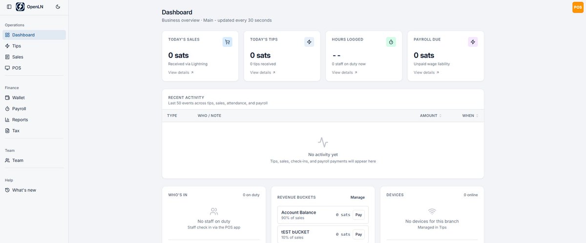 Open_LN's tweet photo. This is what Bitcoin business software actually looks like.

Not just wallets and charts.
Real operations. Real tools. Real workflows.
⚡ POS
⚡ Payroll
⚡ Tips
⚡ Team management
⚡ Revenue tracking

OpenLN is building the operating system for #Bitcoin businesses. https://t.co/gEj5HzQYpv
