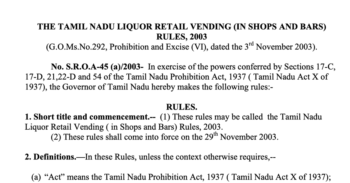 get2karthik's tweet photo. Under the Tamil Nadu Liquor Retail Vending (in Shops and Bars) Rules, 2003, there is an explicit prohibition on selling liquor to persons below 21 years of age. This rule applies to TASMAC shops, which are the state-run retail outlets that control almost all alcohol sales in Tamil Nadu.

And this is the norm in many states. 

21 வயசுக்கு கீழ இருக்கறவங்களுக்கு மது விற்கக்கூடாதுங்கறது 21  வருசத்துக்கு முன்னாடியே போட வேண்டிய BREAKING NEWS.