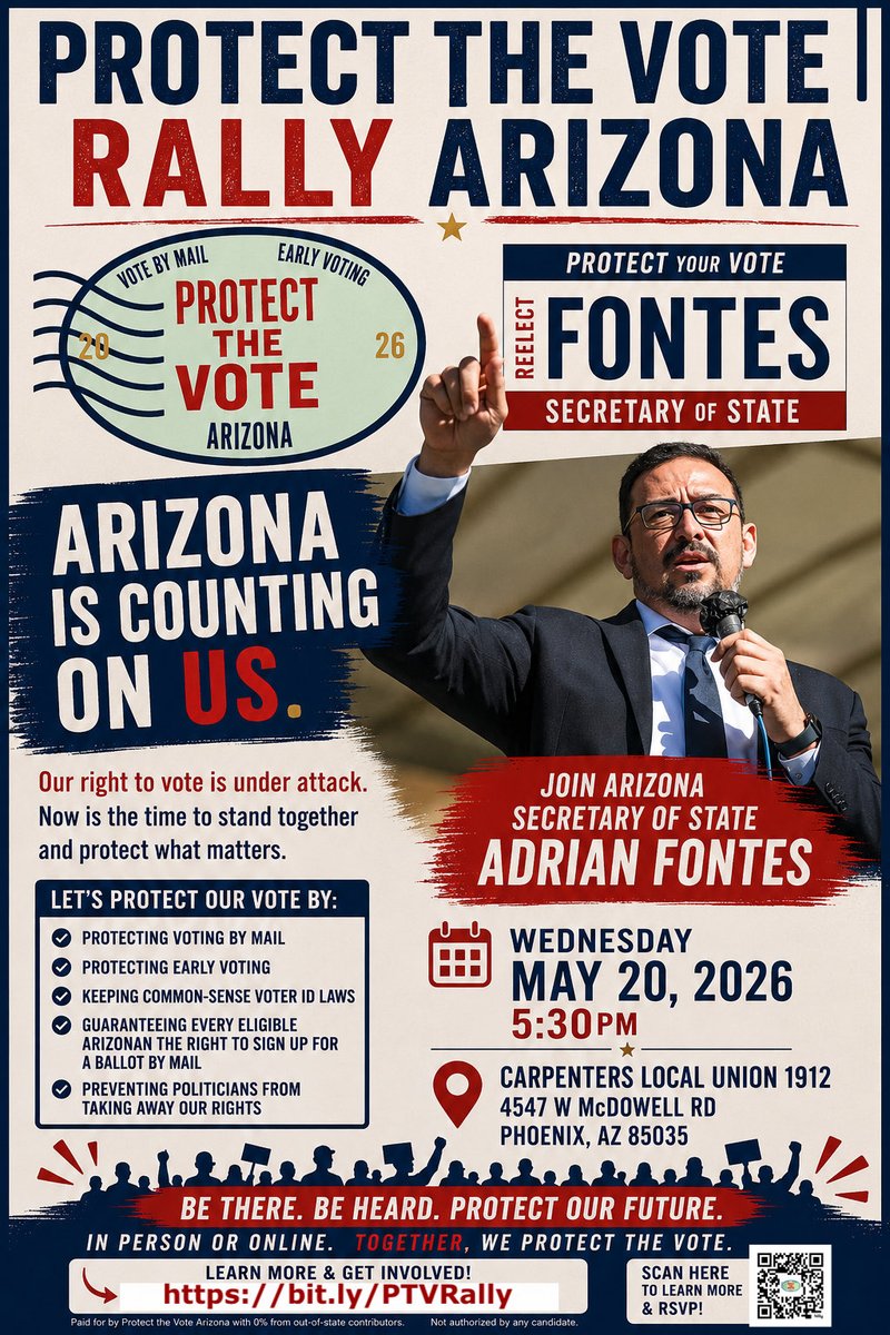 PTV_Arizona's tweet photo. Join us for the Protect the Vote Rally Arizona on Wednesday, May 20, 2026 at 5:30 PM at Carpenters Local Union 1912 in Phoenix as Arizonans from across the state come together to stand up for voting by mail, early voting, and secure elections.

Visit https://t.co/BvpIoe0O1V https://t.co/UKecVg7Ord