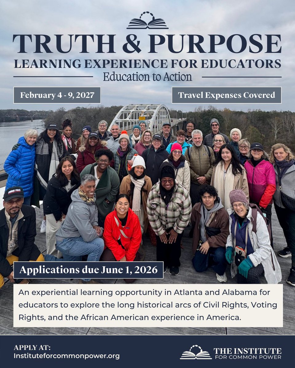 TheInstituteCP's tweet photo. EDUCATORS!  APPLY TODAY!
The Institute for Common Power partners with teachers, tutors, curriculum specialists, organizational foundations, and school system leaders across the country to provide an experiential learning opportunity for educators in the long historical arcs of Civil Rights, Voting Rights, and the African American experience in America. Truth in education is essential for democracy to work. We are dedicated to creating a nation of educators who understand and teach accurately, while being models for students to grow and work collaboratively in building a just and inclusive American democracy.

The Institute for Common Power will pay the following expenses:

• Airfare
• Hotel rooms
• Ground transportation
• Meals
• Speakers fees for people who meet with the group
• Museum entry fees
Educators will fly into and out of Atlanta, Georgia.

APPLY HERE: https://t.co/9UE6yc0WTV