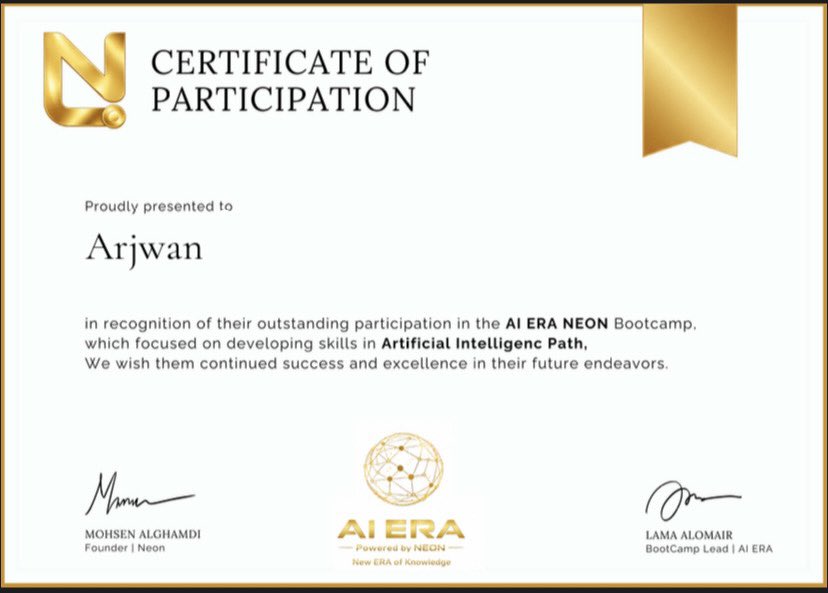 Arj_al1's tweet photo. الحمدلله على التمام ⭐️✨

سعيدة جدًا بهذا الانجاز وخوض الرحله في معسكر AI ERA NEON للذكاء الاصطناعي 🙏🏻🤖

وكل الشكر والتقدير لهذا الفريق @EduNeonSA https://t.co/va9pVovoT0