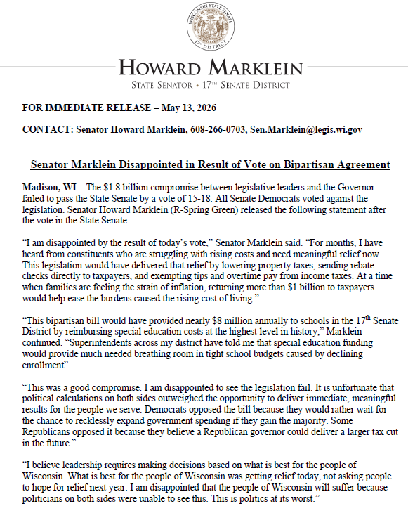 Senator Howard Marklein tweet media