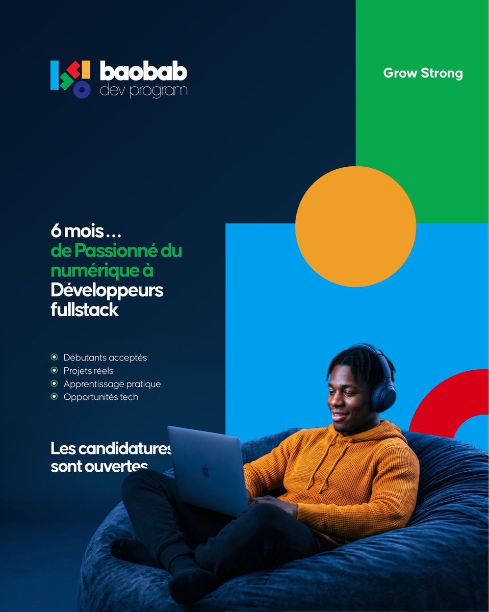 Afriksglobal's tweet photo. Les candidatures pour le Baobab Dev Program sont ouvertes.

• Débutants acceptés
• Projets réels
• Apprentissage pratique
• Opportunités tech

👉Postule ici : https://t.co/2L7V2AgbD3

#BaobabDev #GrowStrong #fullstack https://t.co/LHo0UBrF9e