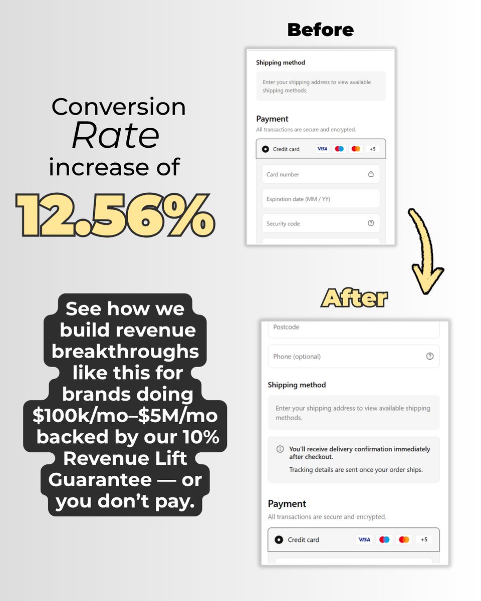 ElbaumJacob's tweet photo. Uncertainty kills conversions.

We removed doubt around delivery by:
• Setting clear expectations
• Reinforcing post-purchase clarity
• Adding reassurance at checkout

Result: +12.56% Conversion Rate 📈

Confidence converts. https://t.co/llTdqGkovW