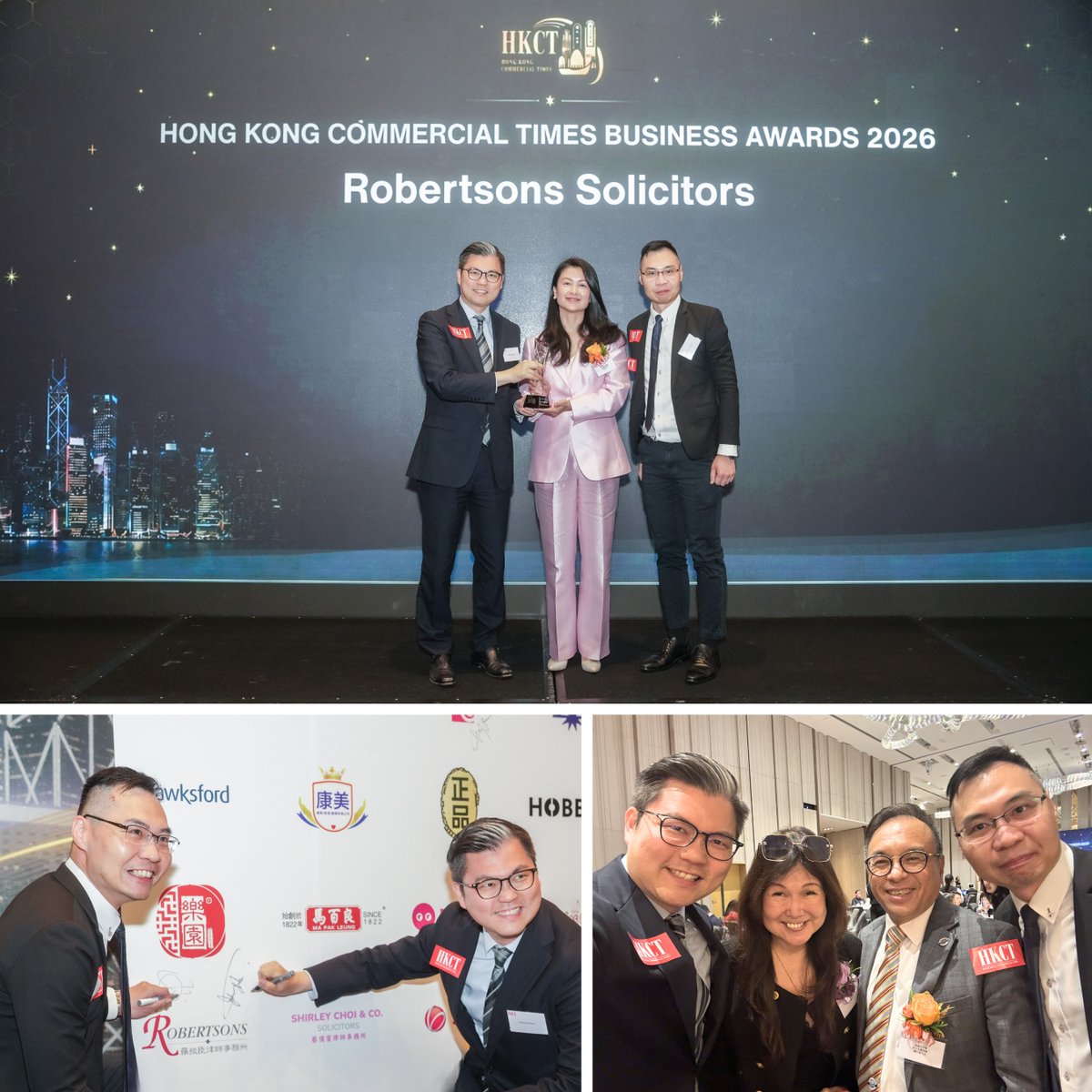 Robertsons_HK's tweet photo. Robertsons was awarded Outstanding Law Firm of the Year at the Hong Kong Commercial Times Business Awards 2026. Our partners, Johnny Ho and Rio Lau, represented the firm on stage to receive this recognition, presented by Professor Mantian Hu of CUHK Business School.

#Robertsons https://t.co/3zXAI7Mk7g