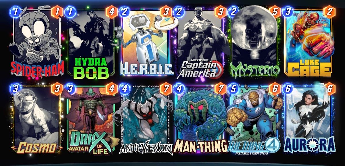 _toonye's tweet photo. It wasn't that difficult. I used two decks for this. 
I also want to note from the meta, it was interesting to see how +1 to the power of Martyr, the virus and new seasonal cards created a completely new archetype.

#MarvelSnap https://t.co/u2au69RHfK